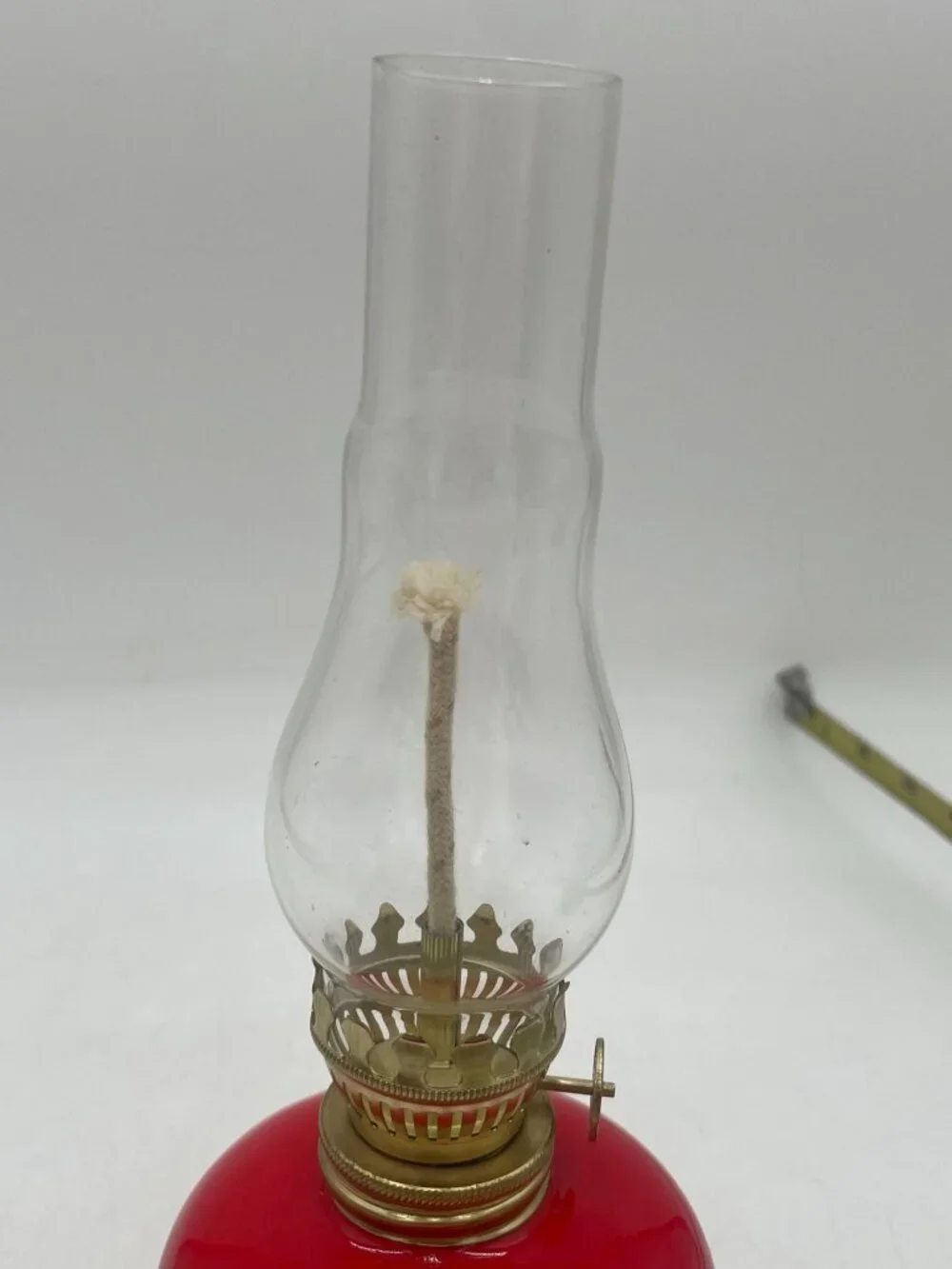 Vintage Red Glass Oil Lamp Brass Burner & Clear Chimney 10 Inches Tall